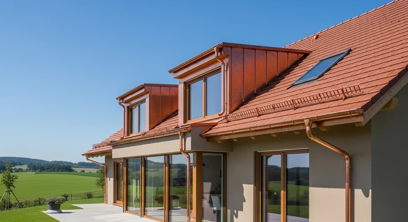 Kupferdachrinne und Gauben an einem Einfamilienhaus